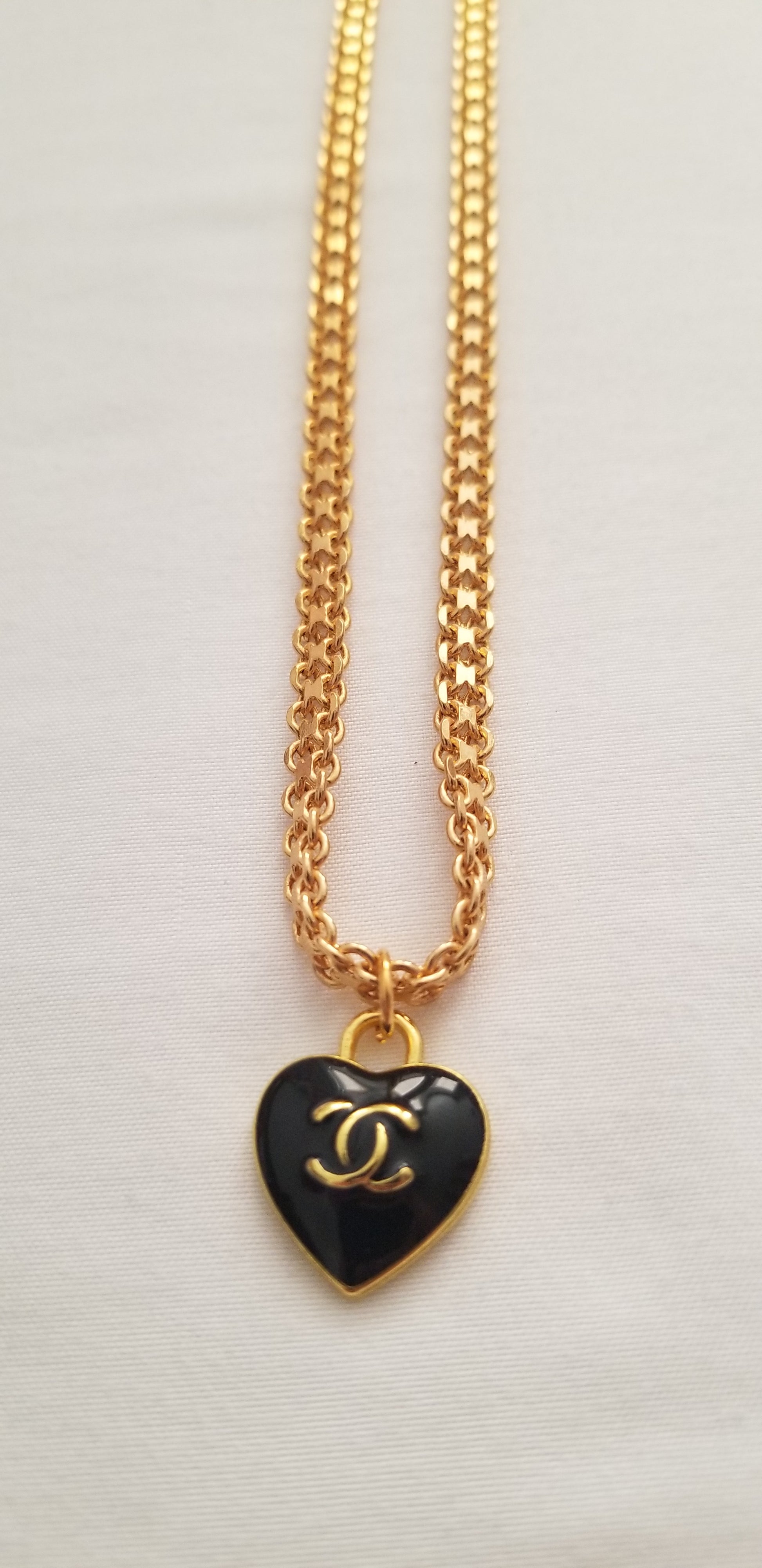 Chanel Black Heart & Crystal CC Logo Necklace